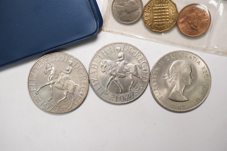 British Coins, George II to QEII to include a 1745 Lima shilling, VF or better and Victoria halfcrown 1897, toned UNC; two 1935 crowns, sets etc.